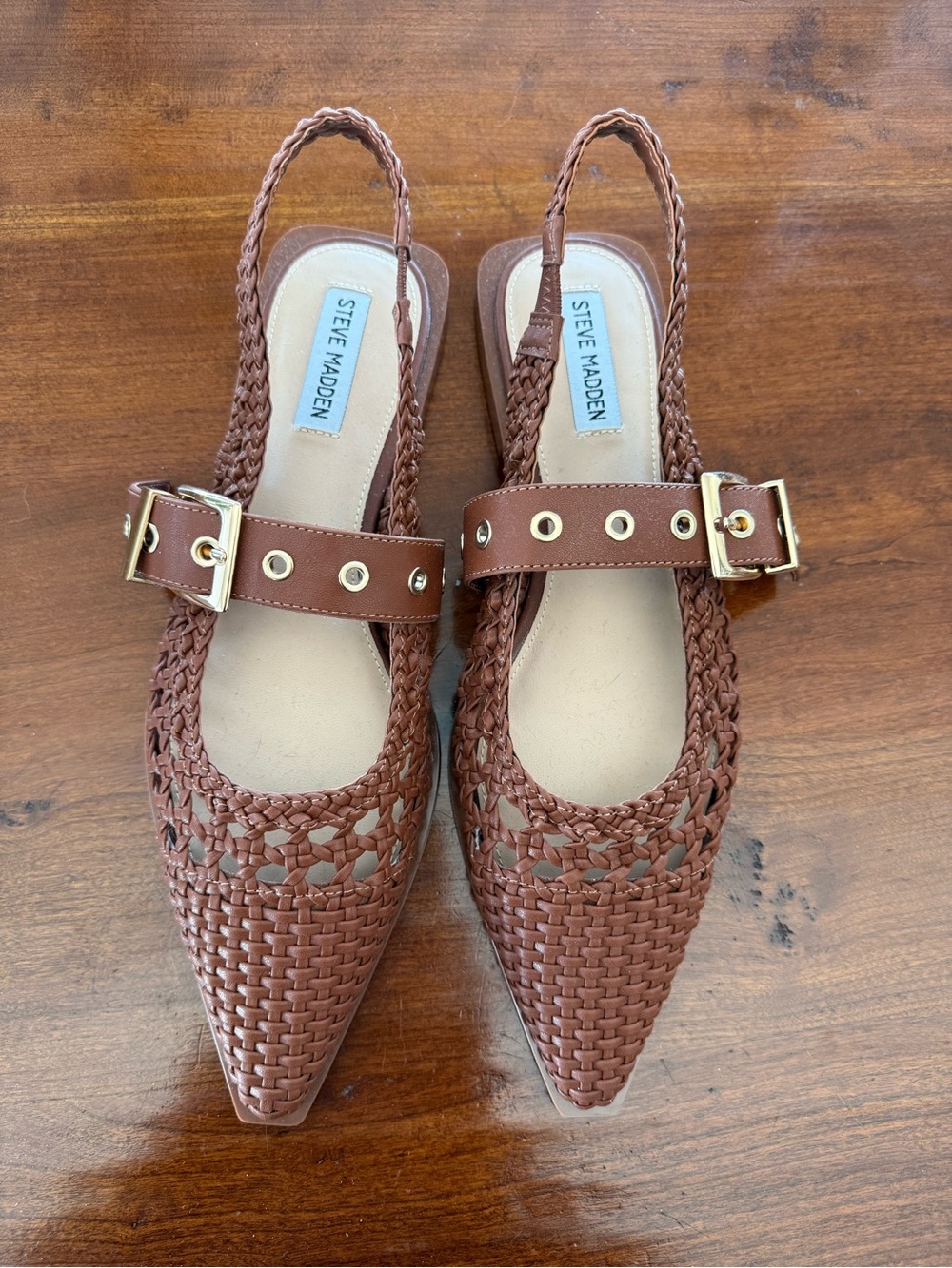 Steve Madden Tan Brown Woven Pointed Slingback Flats with Buckle